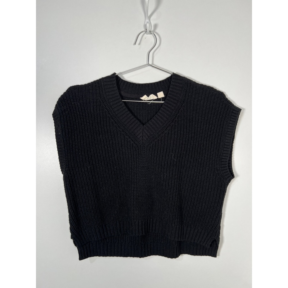 Vintage Black Shaker Knit V-Neck Sweater Vest Cropped Boxy Minimalist Small‎